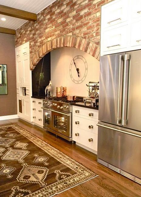 modern kitchens, interior design with exposed brick wall