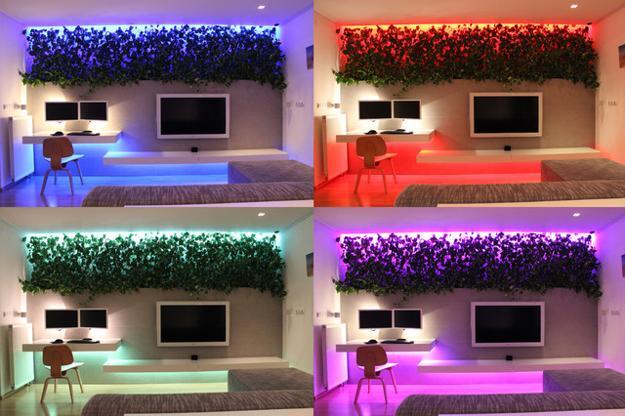 contemporary apartment ideas for decorating with indoor plants and color changing lights