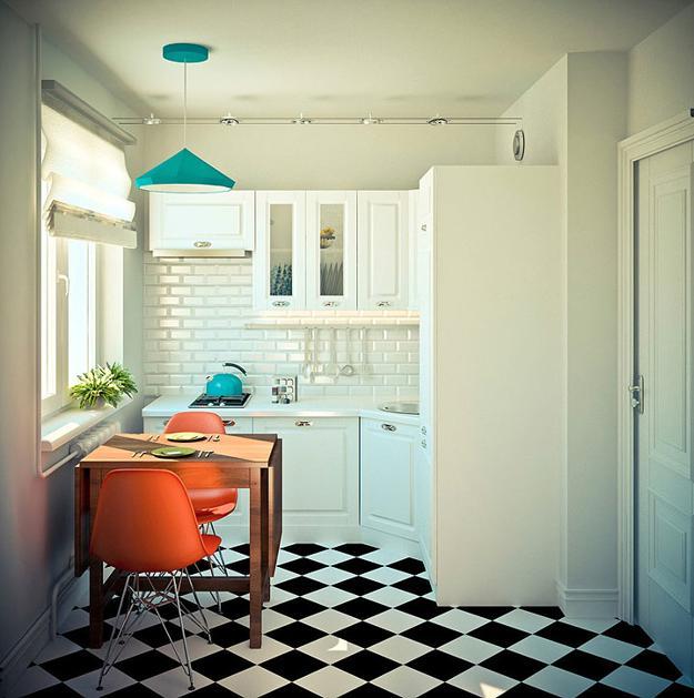 black and white rooms with accents in blue and orange colors