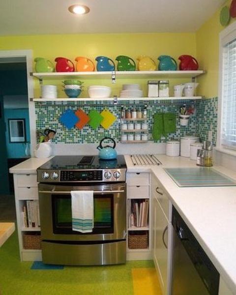 Small Kitchen Designs in Yellow and Green Colors Accentuated with Red