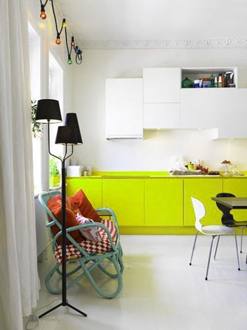 Small Kitchen Designs in Yellow and Green Colors Accentuated with Red