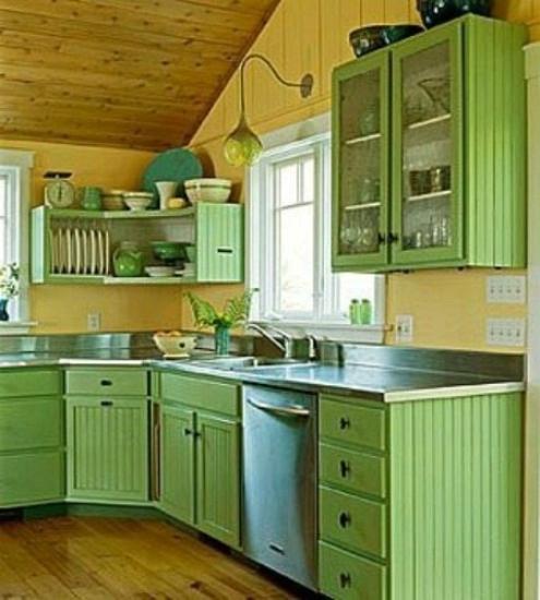 Small Kitchen Designs in Yellow and Green Colors Accentuated with Red