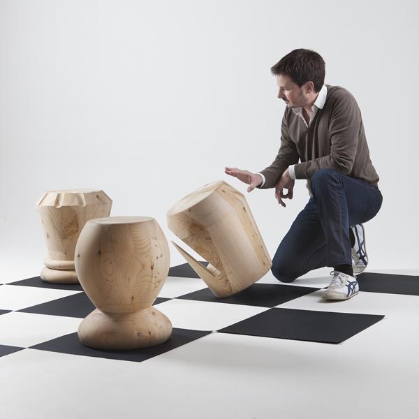 log furniture, stools inspired by chess pieces