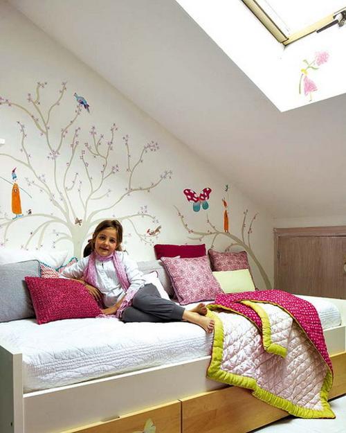 Attic Girls Bedroom Design In White Turquoise Blue And Pink