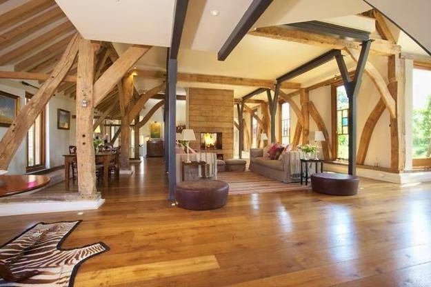 open interior design with exposed beams