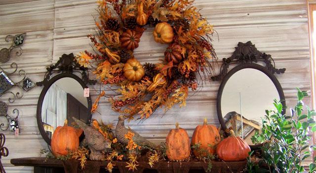 fall decorations for fireplace mantel in vintage style