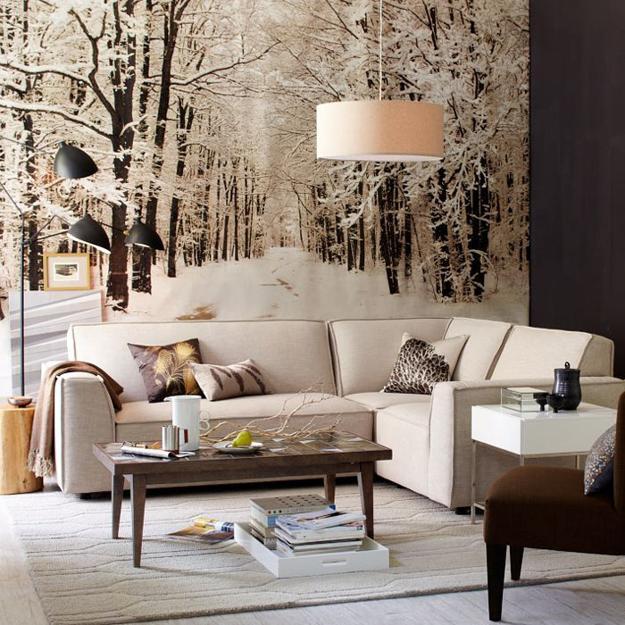 winter decorating with neutral colors, wooden furniture, soft home fabrics and textures