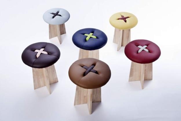 designer furniture, wooden stools with colorful button shaped seats made of leather