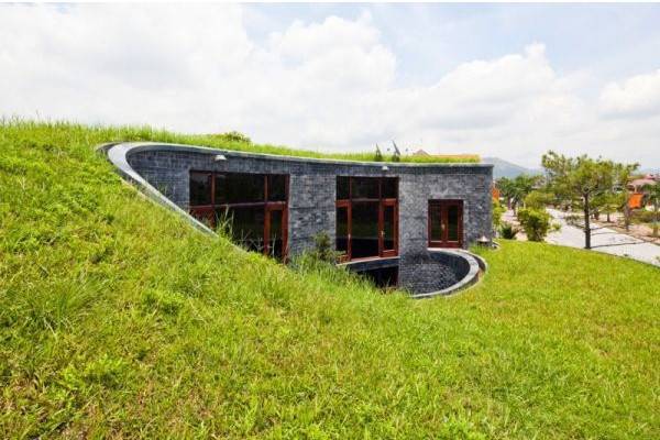 green buildings, modern houses with green roofs