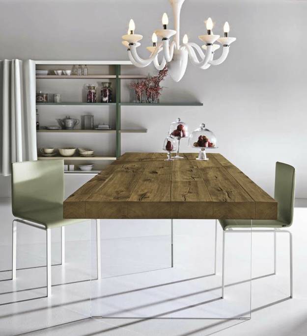 modern furniture design, dining table with wooden top and glass panel base