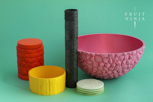 colored resin tableware, dishes, vases and bowls inspired by fruits
