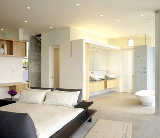 Featured image of post Open Plan Small Bedroom With Bathroom - It has a white countertop and a matching backsplash with.