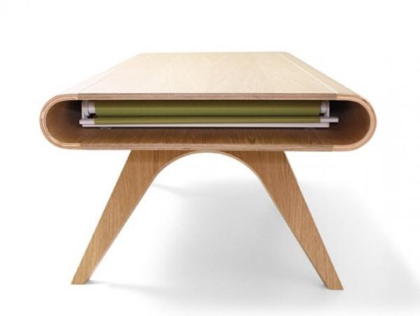 wood table with sliding top cover made of plastic film