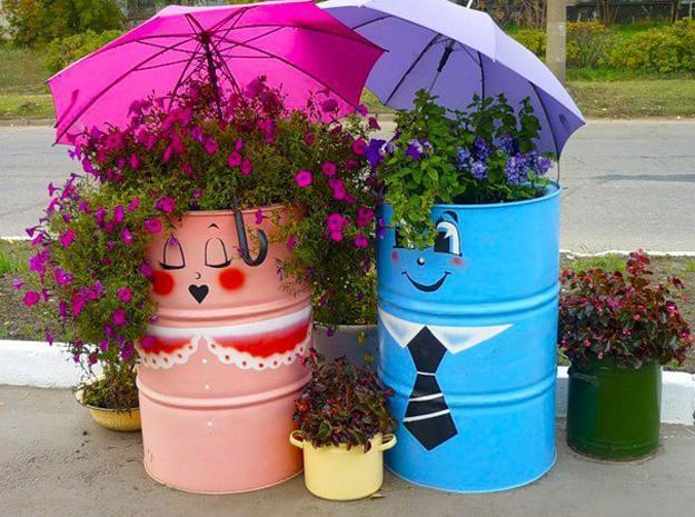 handmade garden decorations recycling metal barrels and tin cans