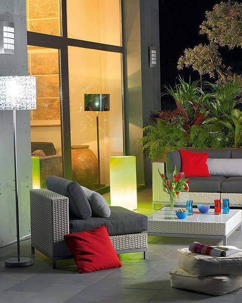 outdoor seating areas decorated with outdoor lights