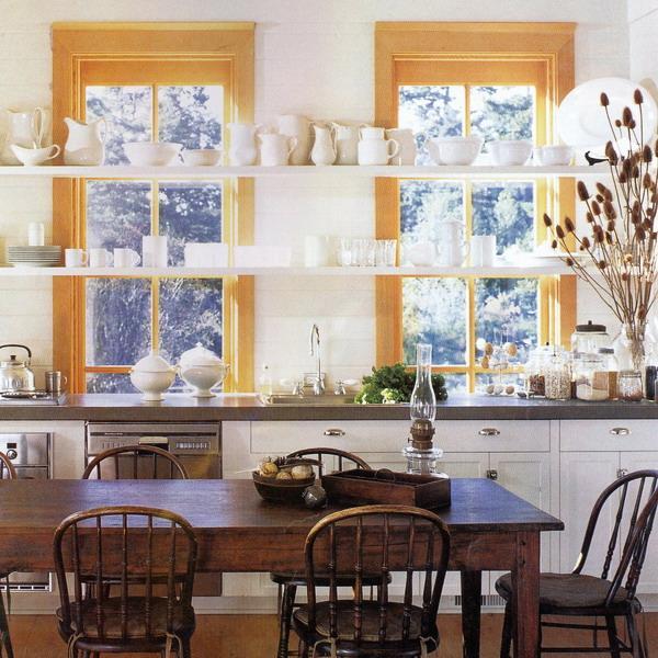 Open Kitchen  Shelves  and Stationary Window Decorating  Ideas 