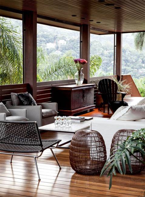 wood and glass house design ideas, veranda with glass walls