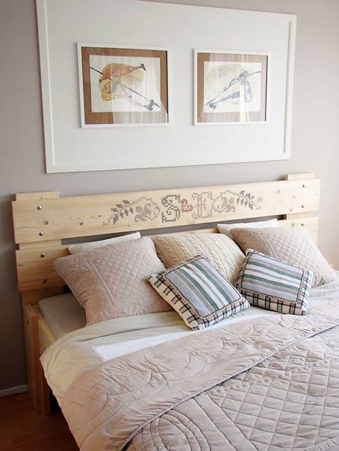 diy bed headboard ideas, wood and cross stitch embroidery