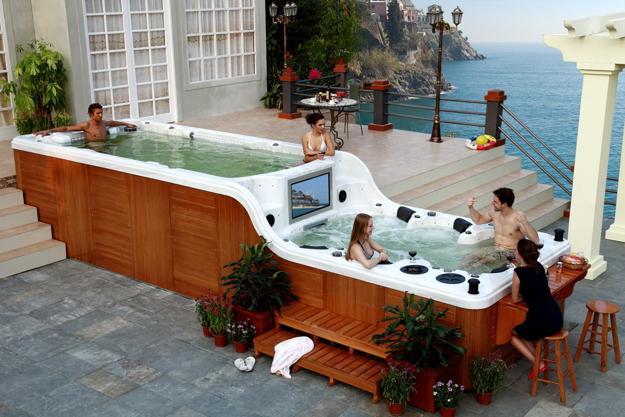 outdoor hot tub with tv panel