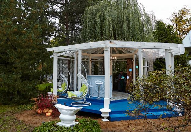 yard landscaping with wooden gazebo in vintage style