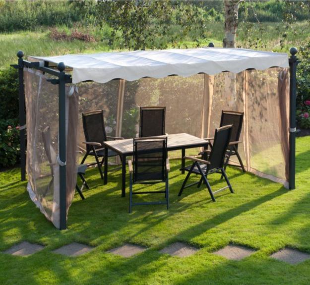 gazebo decorating ideas, curtains, outdoor furniture and flower beds