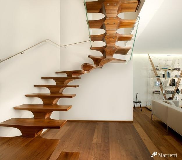 solid wood staircase design with glass balustrade