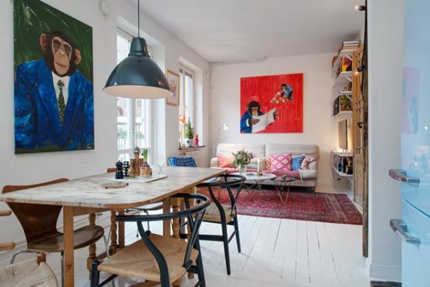 white decorating and colorful accents in Scandinavian homes