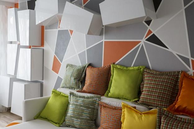 modern living room design and decorating with geometric shapes