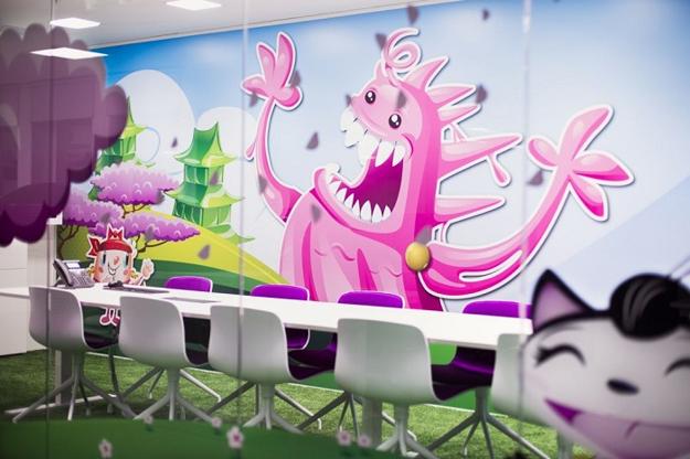 bright interior colors and unique wall murals for modern office designs