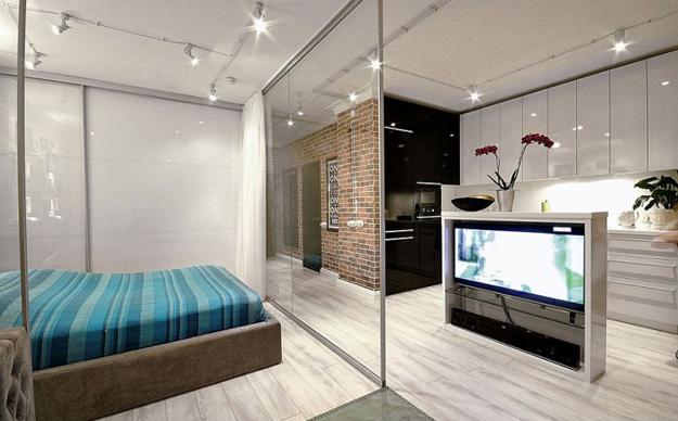 bedroom design with glass partition wall