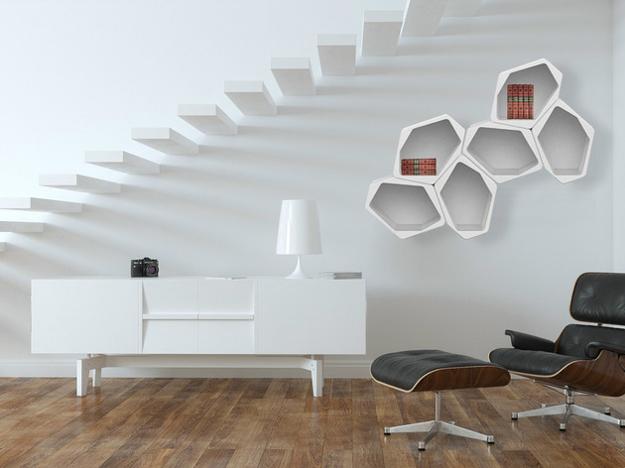 bookcases, shelves, room dividers and side tables created with geometric modular shelving units