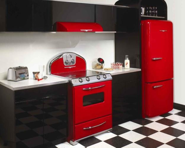 contemporary kitchen cabinets and modern kitchen interiors in vintage style decorated with red colors