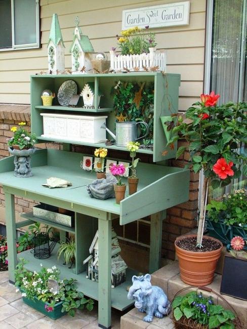 wooden furniture for gardening, storage and organization, potting benches