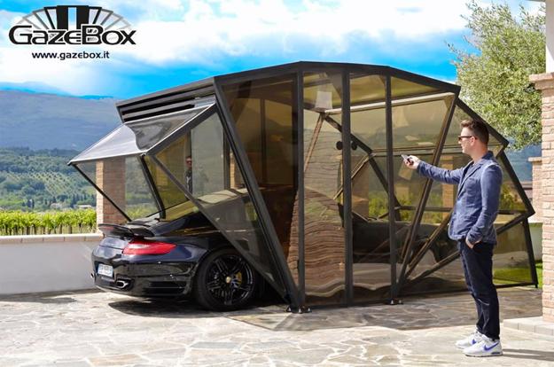 contemporary design idea for carport parking with folding doors and transparent panels