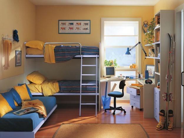 three bunk beds in one room