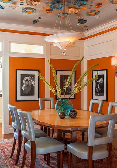 orange wallpaper for walls and ceiling designs and orange paint colors for dining room decorating