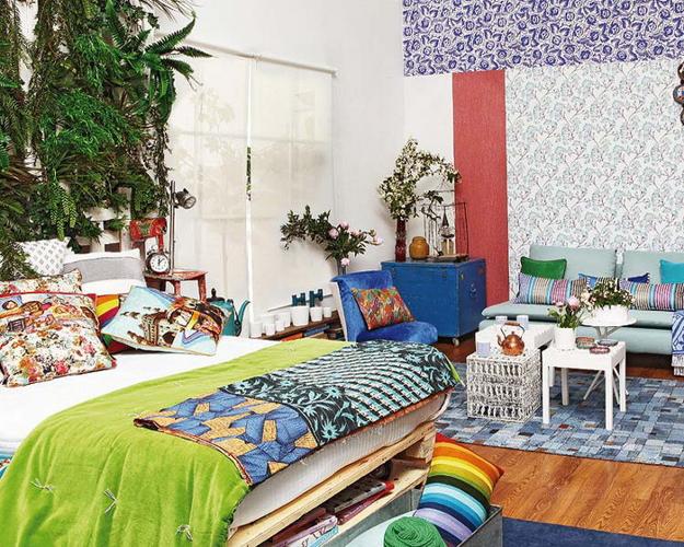 bright room colors and modern interior decorating in boho chic style