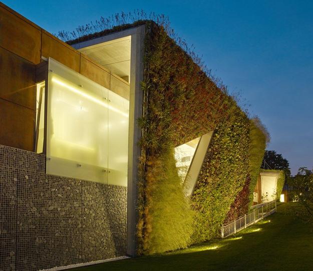 modern house design with green wall and green rooftop