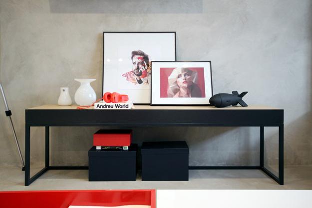 black and white decorating with red accents