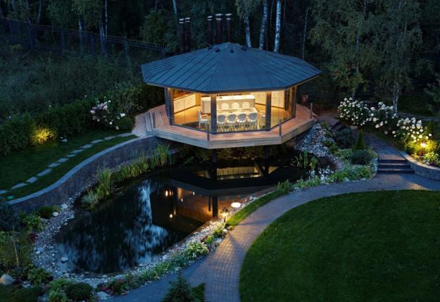Spectacular Gazebo Design with Glass Floor in Dining Area