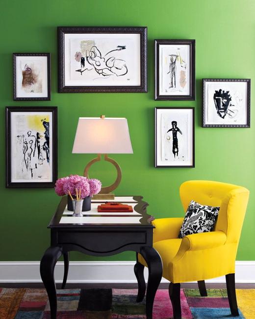 green wall and yellow chair