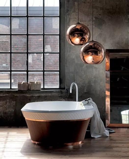 modern lights and copper colors in interiors