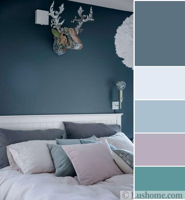 Bedroom color scheme with bluish gray, turquoise, and pink purple pastels