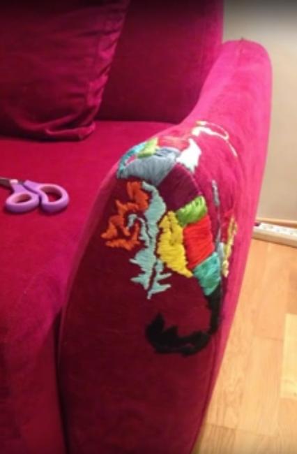 handmade embroidery on sofa armrest