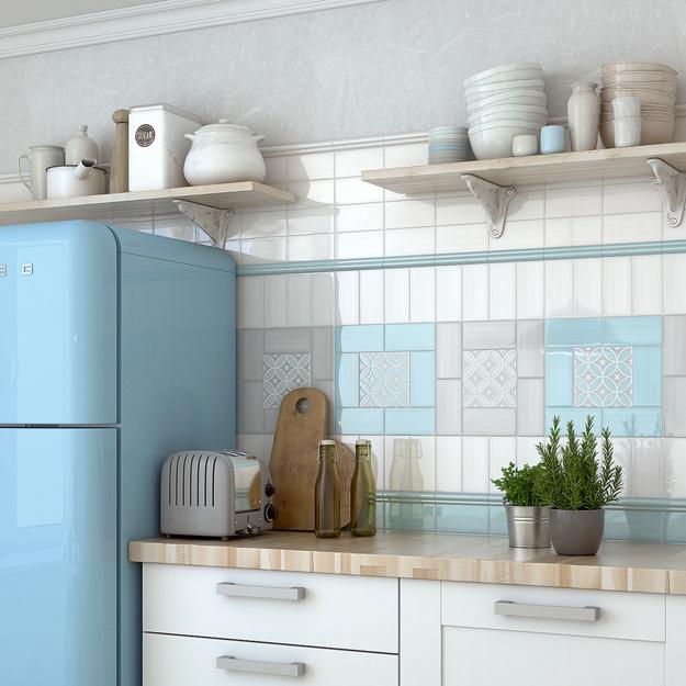 glass wall tiles in white and blue