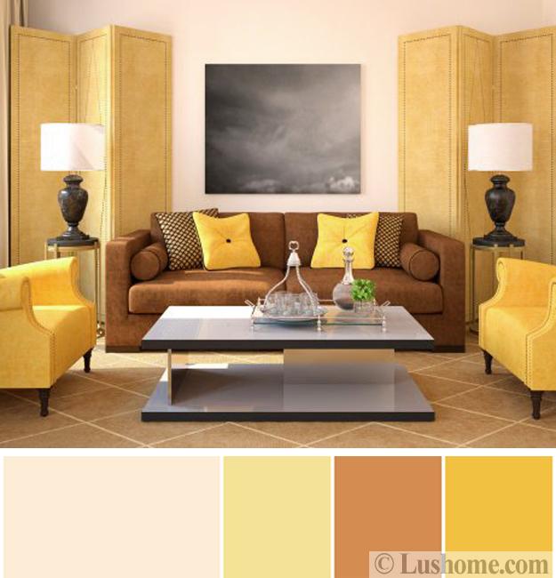 living room with cream walls, yellow chairs and pillows