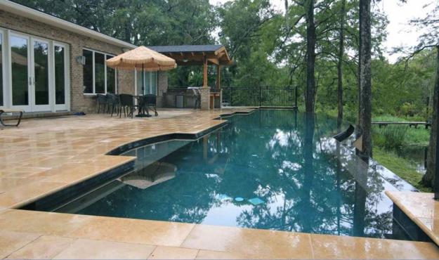 forest view brick house design infinity pool