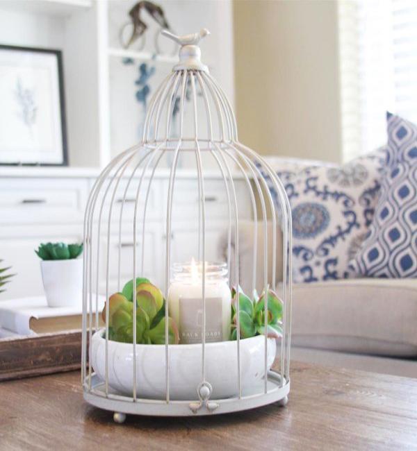 bird cage with plants and candle