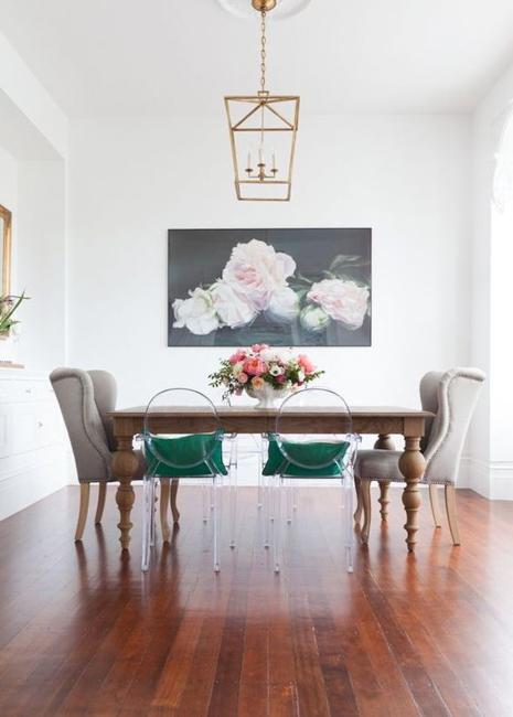 wood table and various chairs