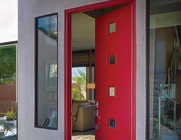 Modern Door Designs with Geometric Glass Panel Inserts in Mid Century Style